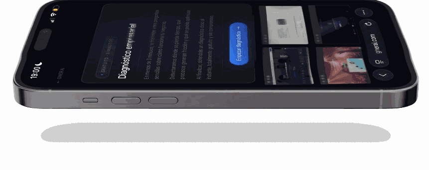 Mockup móvil GNERAI — diagnóstico empresarial y proyectos digitales