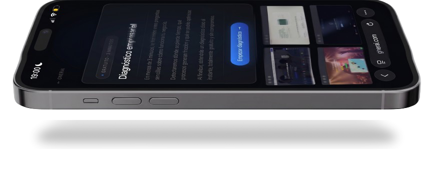 Mockup móvil GNERAI — diagnóstico empresarial y proyectos digitales